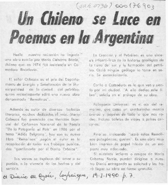 Un Chileno se luce en poemas en la Argentina  [artículo].