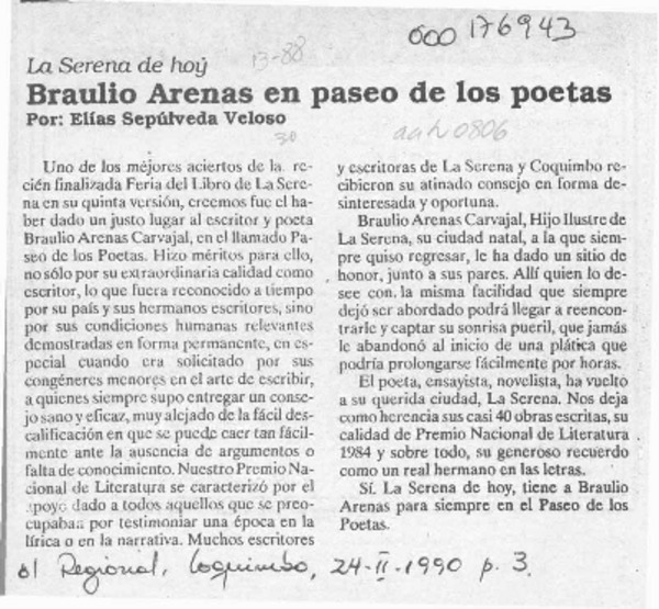 Braulio Arenas en paseo de los poetas  [artículo] Elías Sepúlveda Veloso.
