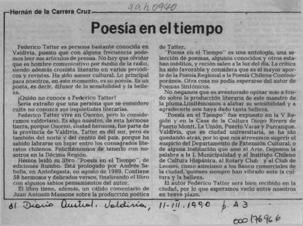 Poesía en el tiempo  [artículo] Hernán de la Carrera Cruz.