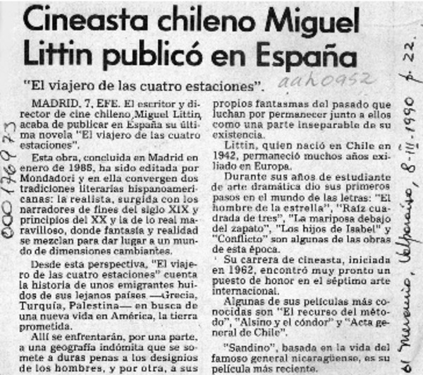 Cineasta chileno Miguel Littin publicó en España  [artículo].