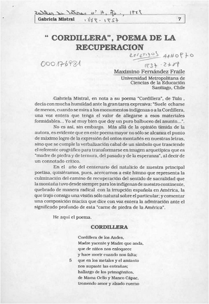 "Cordillera", poema de la recuperación  [artículo] Maximino Fernández Fraile.