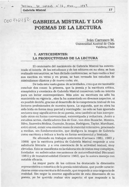 Gabriela Mistral y los poemas de la lectura  [artículo] Iván Carrasco M.