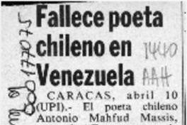 Fallece poeta chileno en Venezuela  [artículo].