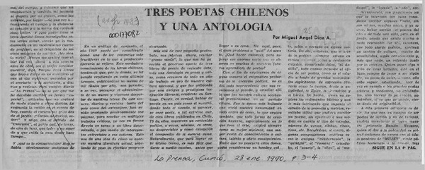 Tres poetas chilenos y una antología  [artículo] Miguel Angel Díaz A.