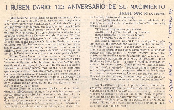 Rubén Darío, 123 aniversario de su nacimiento