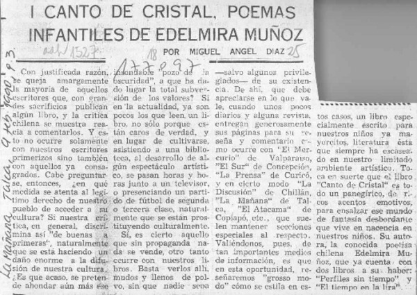 Canto de cristal, poemas infantiles de Edelmira Muñoz  [artículo] Miguel Angel Díaz.