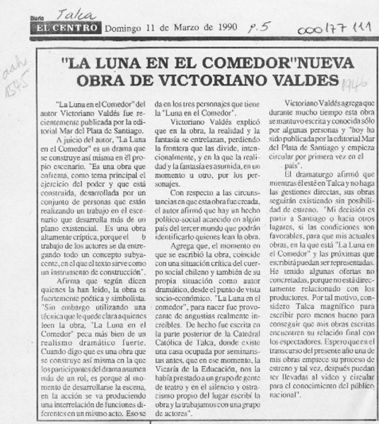 "La Luna en el comedor" nueva obra de Victoriano Valdés  [artículo].