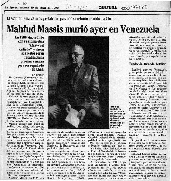 Mahfud Massis murió ayer en Venezuela  [artículo].