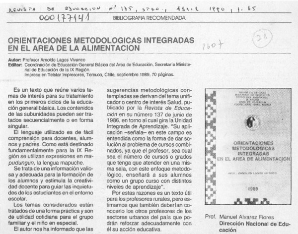 Orientaciones metodológicas integradas en el área de la alimentación  [artículo] Manuel Alvarez Flores.