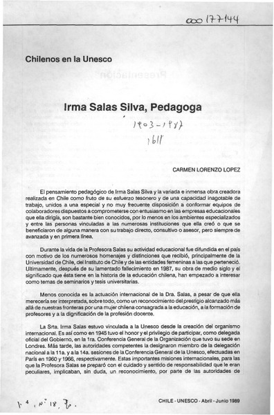Irma Salas Silva, pedagoga  [artículo] Carmen Lorenzo López.