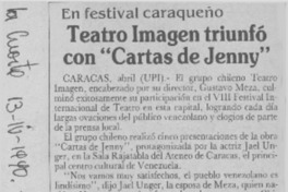 Teatro Imagen triunfó con "Cartas de Jenny"  [artículo].