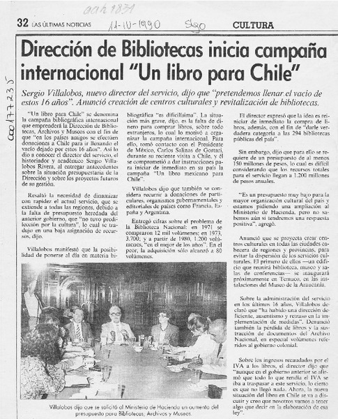 Dirección de Bibliotecas inicia campaña internacional "Un libro para Chile"  [artículo].