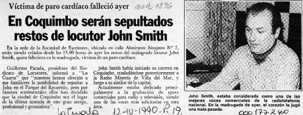 En Coquimbo serán sepultados restos de locutor John Smith  [artículo].