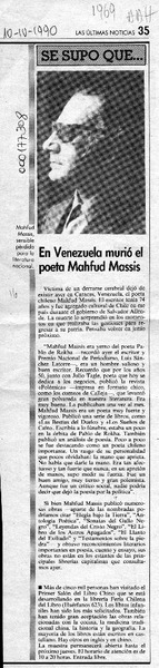 En Venezuela murió el poeta Mahfud Massis  [artículo].