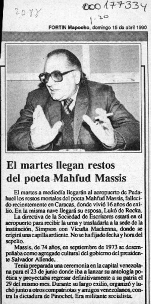 El Martes llegan restos del poeta Mahfud Massis  [artículo].