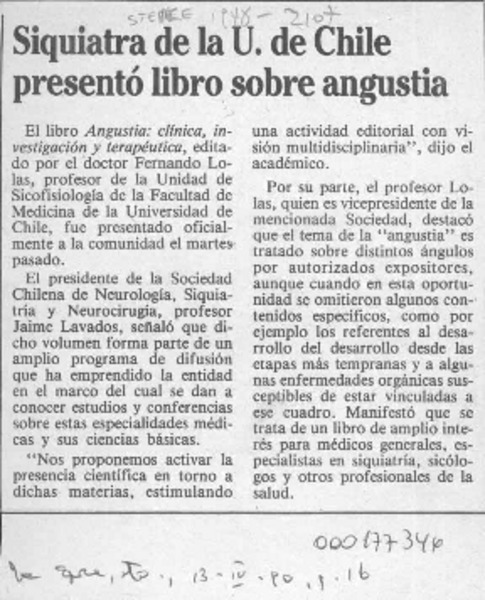 Siquiatra de la U. de Chile presentó libro sobre angustia  [artículo].