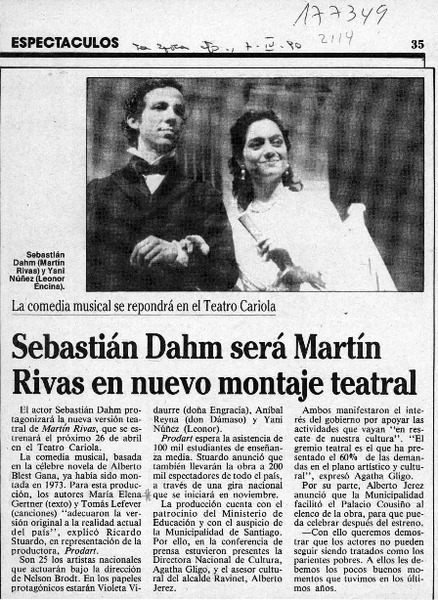 Sebastián Dahm será Martín Rivas en nuevo montaje teatral  [artículo].