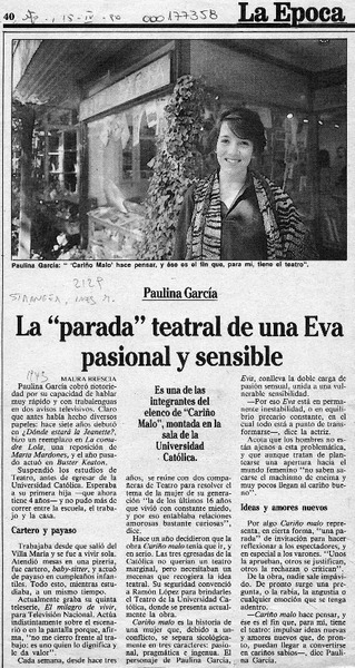 La "parada" teatral de una Eva pasional y sensible  [artículo] Maura Brescia.