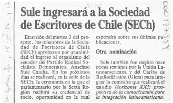 Sule ingresará a la Sociedad de Escritores de Chile (SECH)  [artículo].