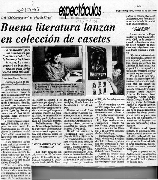 Buena literatura lanzan en colección de casetes  [artículo] Juan Carlos Cáceres.