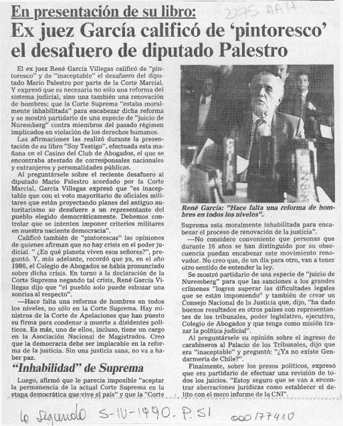 Ex juez García calificó de "pintoresco" el desafuero de diputado Palestro  [artículo].