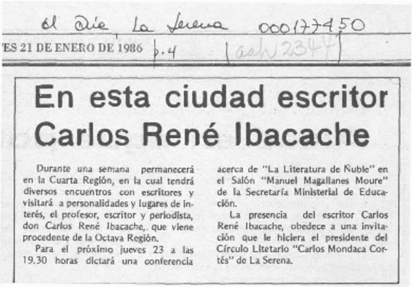 En esta ciudad escritor Carlos René Ibacache  [artículo].