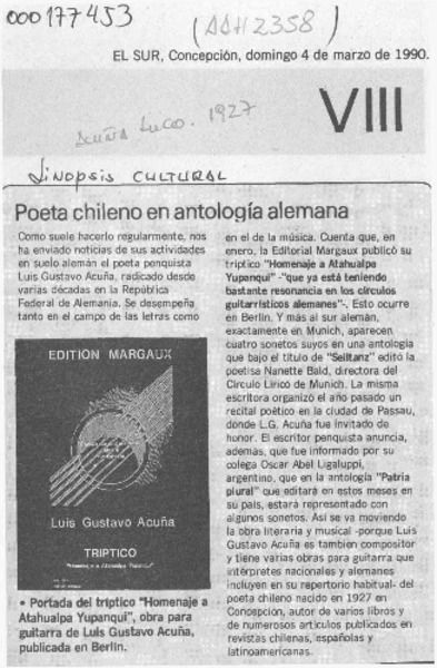 Poeta chileno en antología alemana  [artículo].