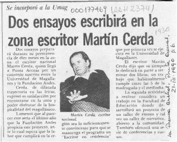 Dos ensayos escribirá en la zona escritor Martín Cerda  [artículo].