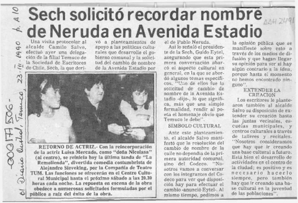 Sech solicitó recordar nombre de Neruda en Avenida Estadio  [artículo].