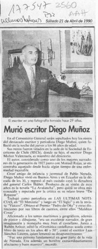 Murió escritor Diego Muñoz  [artículo].
