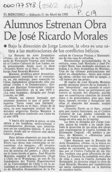 Alumnos estrenan obra de José Ricardo Morales  [artículo].