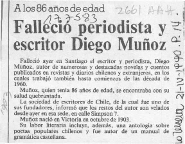 Falleció periodista y escritor Diego Muñoz  [artículo].
