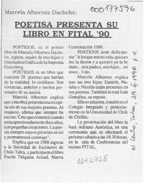 Poetisa presenta su libro en Fital '90  [artículo].