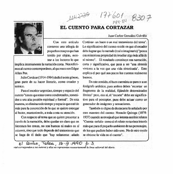 El cuento para Cortázar  [artículo] Juan Carlos González Colville.
