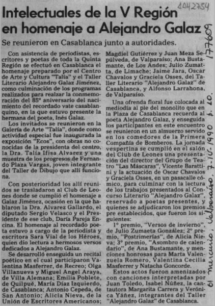 Intelectuales de la V Región en homenaje a Alejandro Galaz  [artículo].