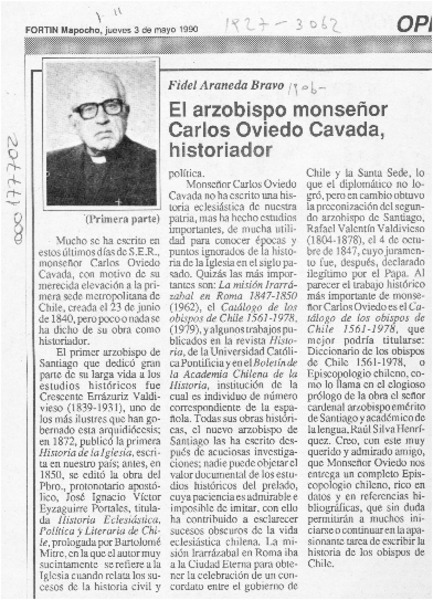 El arzobispo monseñor Carlos Oviedo Cavada, historiador  [artículo] Fidel Araneda Bravo.
