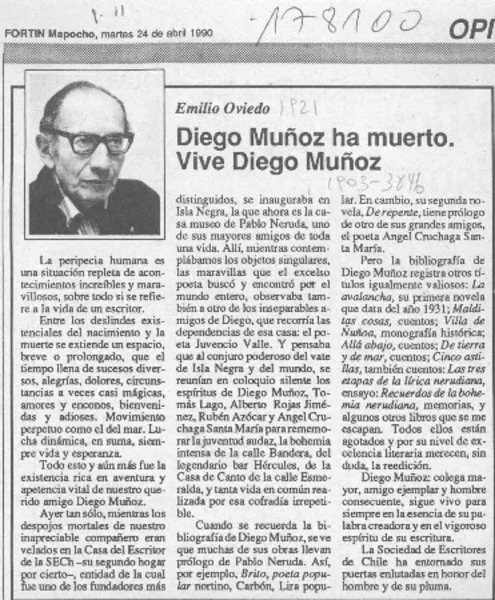 Diego Muñoz ha muerto, vive Diego Muñoz  [artículo] Emilio Oviedo.