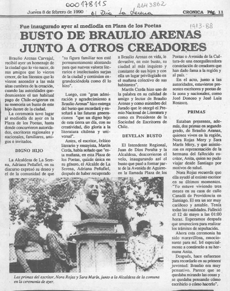 Busto de Braulio Arenas junto a otros creadores  [artículo].
