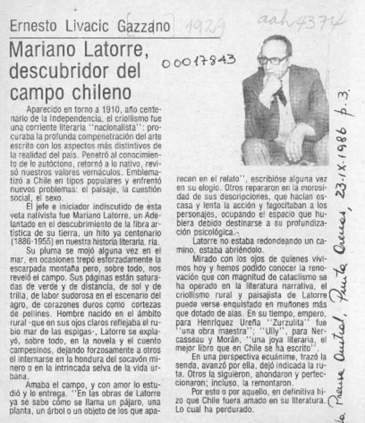 Mariano Latorre, descubridor del campo chileno  [artículo] Ernesto Livacic Gazzano.