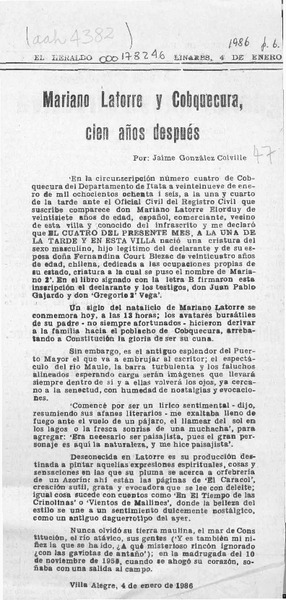 Mariano Latorre y Cobquecura, cien años después  [artículo] Jaime González Colville.
