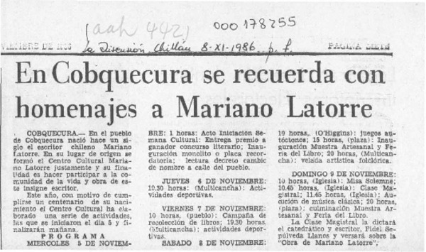 En Cobquecura se recuerda con homenajes a Mariano Latorre  [artículo].