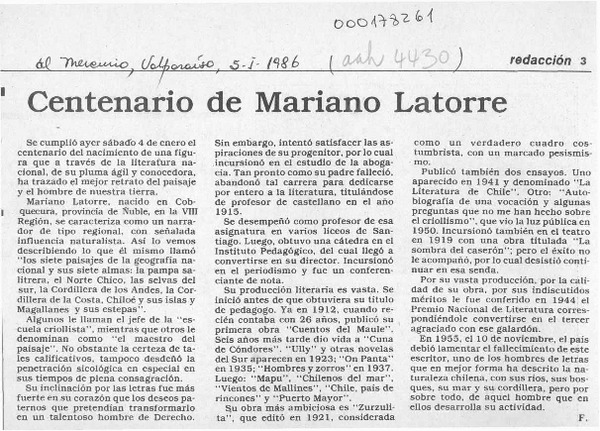 Centenario de Mariano Latorre  [artículo] F.