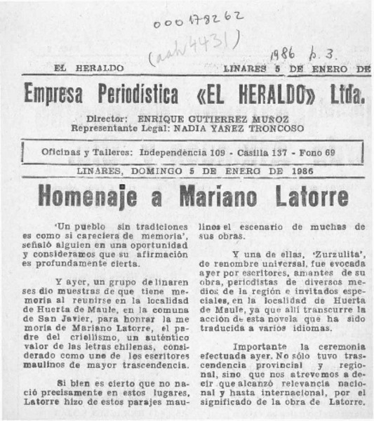 Homenaje a Mariano Latorre  [artículo].