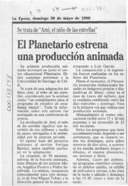 El Planetario estrena una producción animada  [artículo].