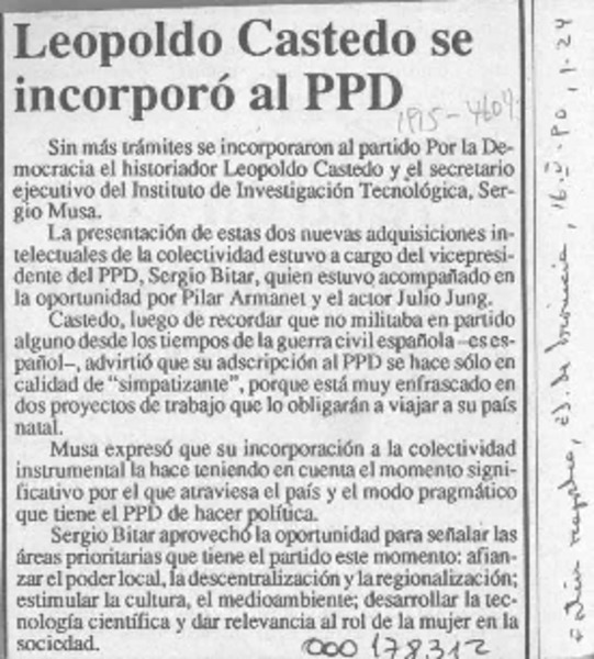 Leopoldo Castedo se incorporó al PPD  [artículo].