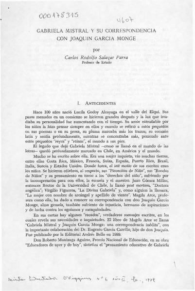 Gabriela Mistral y su correspondencia con Joaquín García Monge  [artículo] Carlos Rodolfo Salazar Parra.