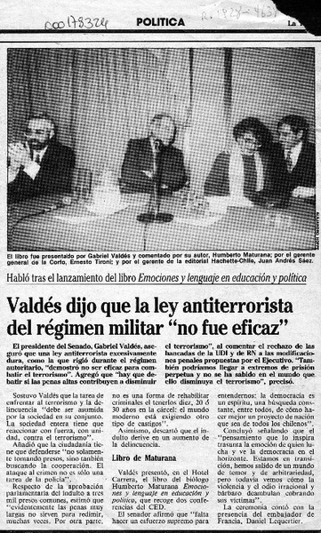 Valdés dijo que la ley antiterrorista del régimen militar "no fue eficaz"  [artículo].