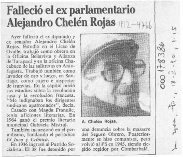 Falleció el ex parlamentario Alejandro Chelén Rojas  [artículo].