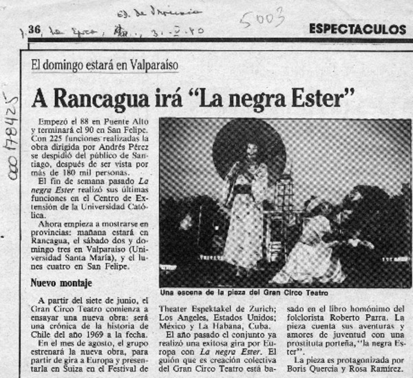 A Rancagua irá "La negra Ester"  [artículo].