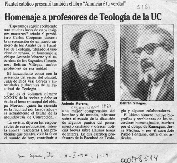Homenaje a profesores de Teología de la UC  [artículo].